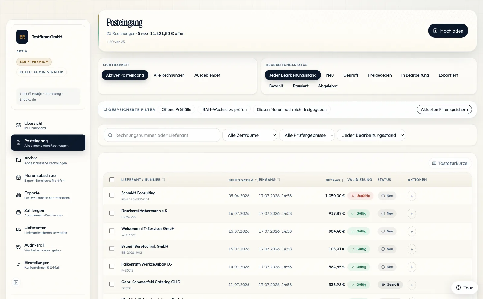e-Rechnung Inbox showing the central list of received invoices