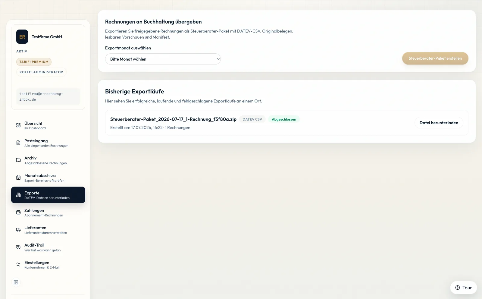 Export overview for handing invoices off to a tax advisor