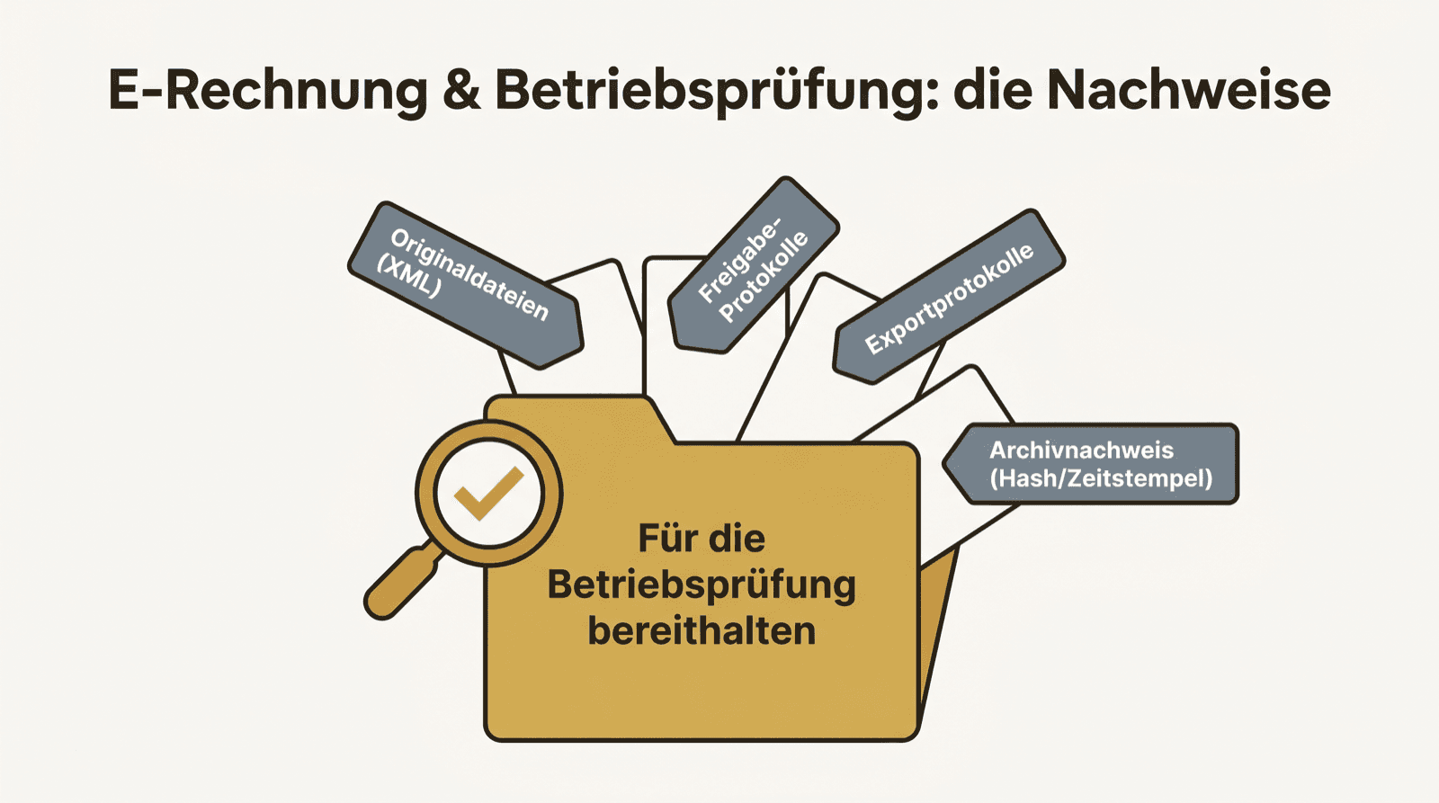 Mappe mit Nachweisen für die Betriebsprüfung: Originaldateien, Freigabe-Protokolle, Exportprotokolle, Archivnachweis.