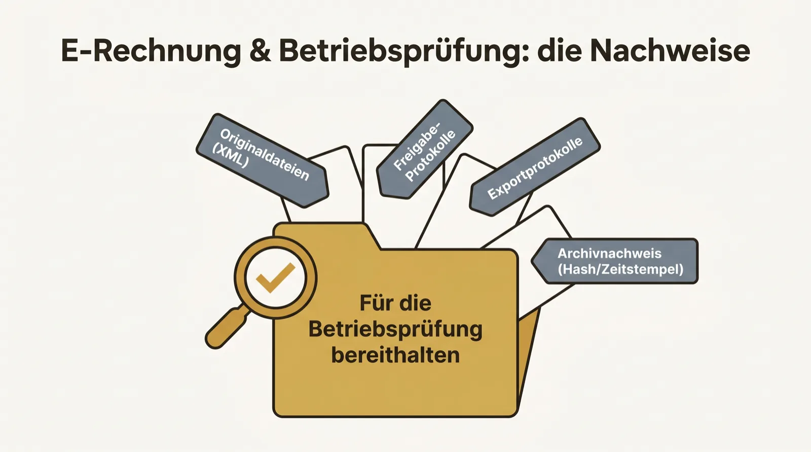 Mappe mit Nachweisen für die Betriebsprüfung: Originaldateien, Freigabe-Protokolle, Exportprotokolle, Archivnachweis.