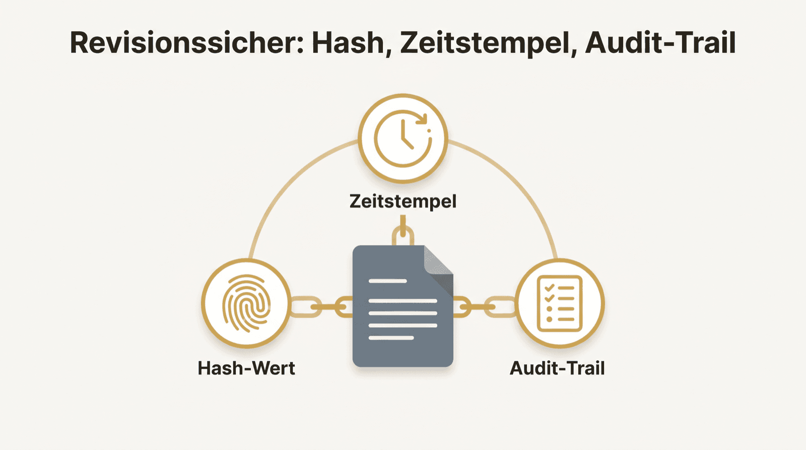 Konzept: Ein Dokument verbunden mit Hash-Wert, Zeitstempel und Audit-Trail als Bausteine der Revisionssicherheit.