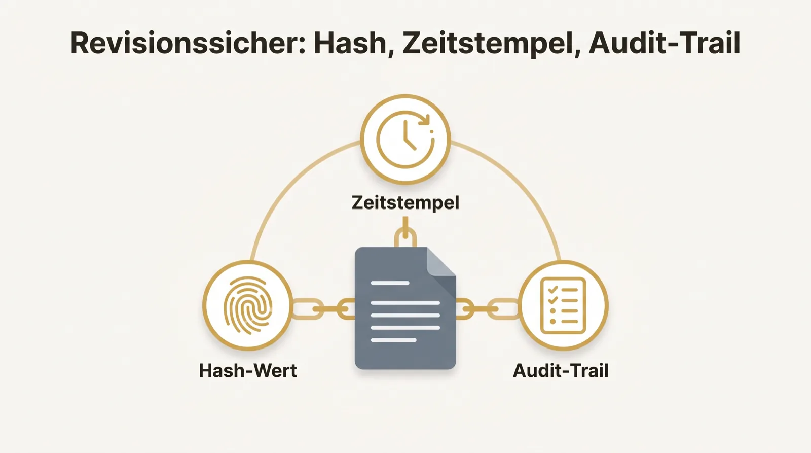 Konzept: Ein Dokument verbunden mit Hash-Wert, Zeitstempel und Audit-Trail als Bausteine der Revisionssicherheit.