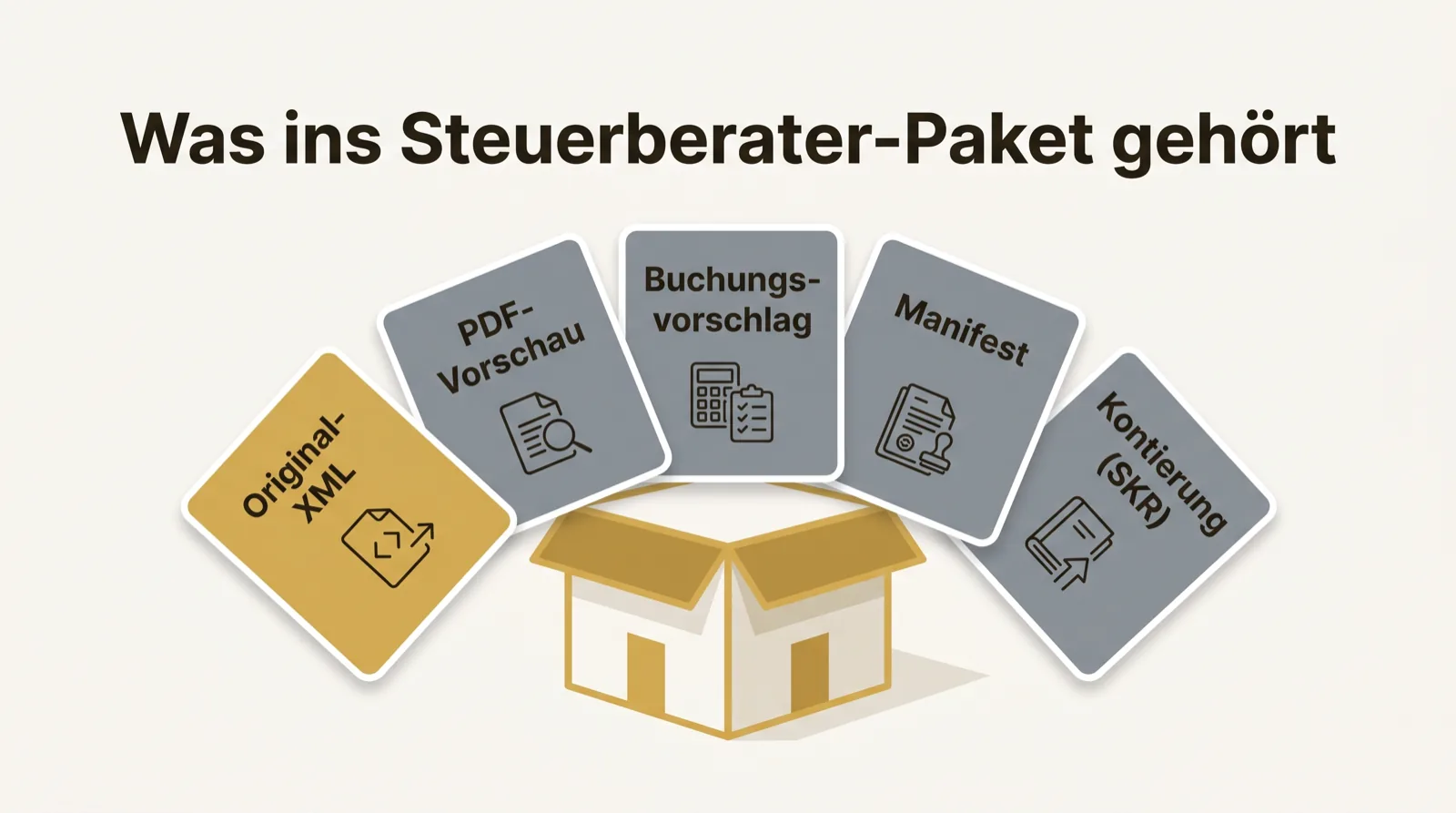 Infografik: Ein Steuerberater-Paket mit Original-XML, PDF-Vorschau, Buchungsvorschlag, Manifest und Kontierung.