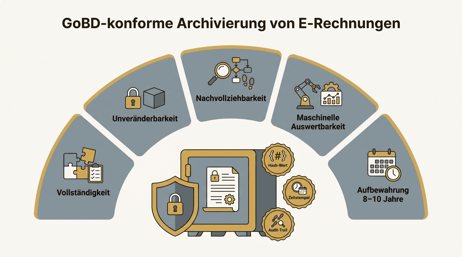 Infografik: Ein revisionssicherer Archiv-Tresor mit den Bausteinen Hash-Wert, Zeitstempel und Audit-Trail, umgeben von den fünf GoBD-Säulen.