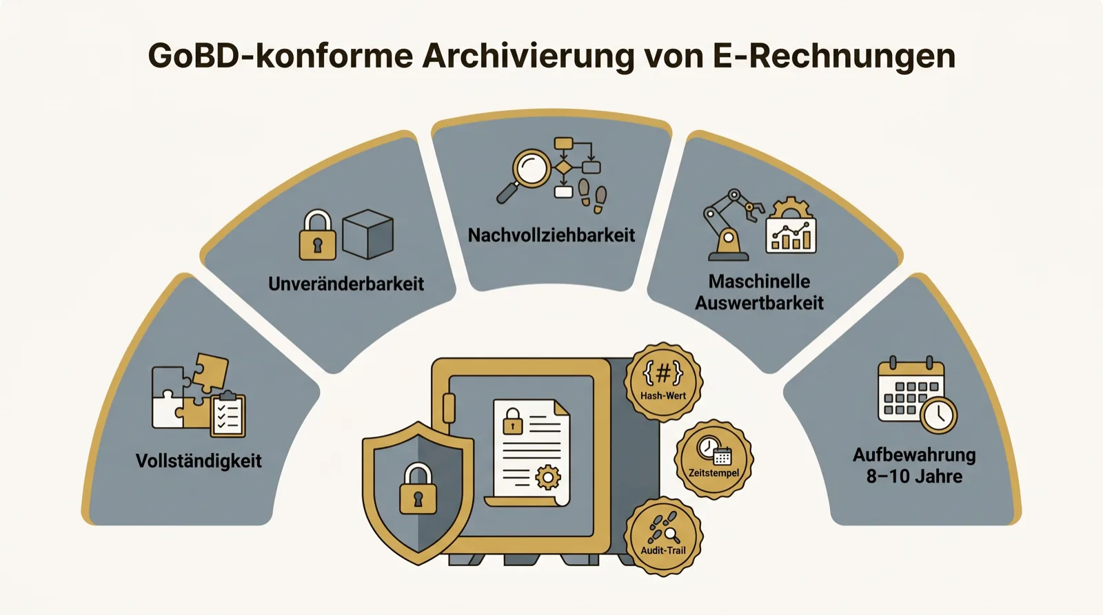 Infografik: Ein revisionssicherer Archiv-Tresor mit den Bausteinen Hash-Wert, Zeitstempel und Audit-Trail, umgeben von den fünf GoBD-Säulen.