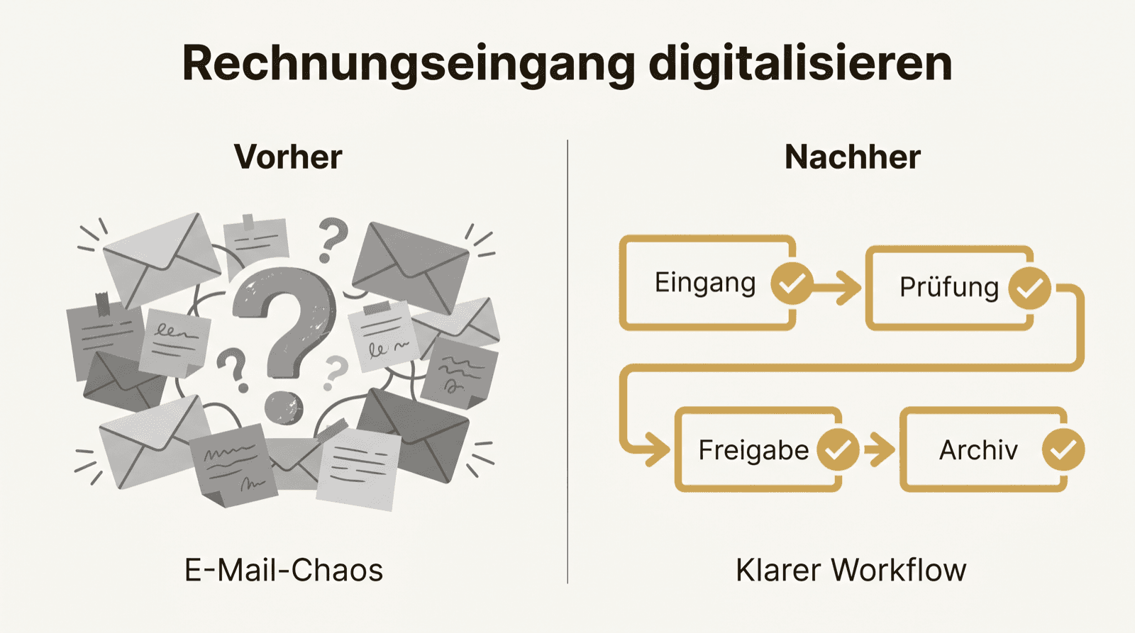 Vorher-Nachher: links E-Mail-Chaos, rechts ein klarer Workflow aus Eingang, Prüfung, Freigabe und Archiv.