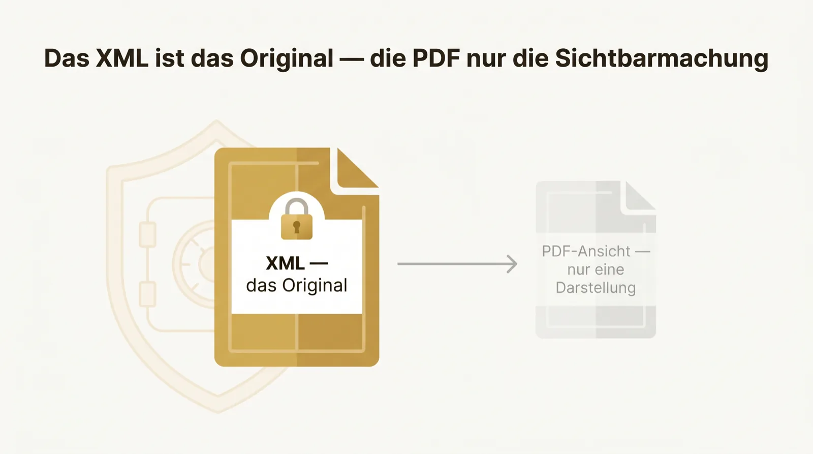 Konzeptgrafik: Die XML-Datei als gesichertes Original mit Schloss, daneben eine blasse PDF-Ansicht als bloße Darstellung.