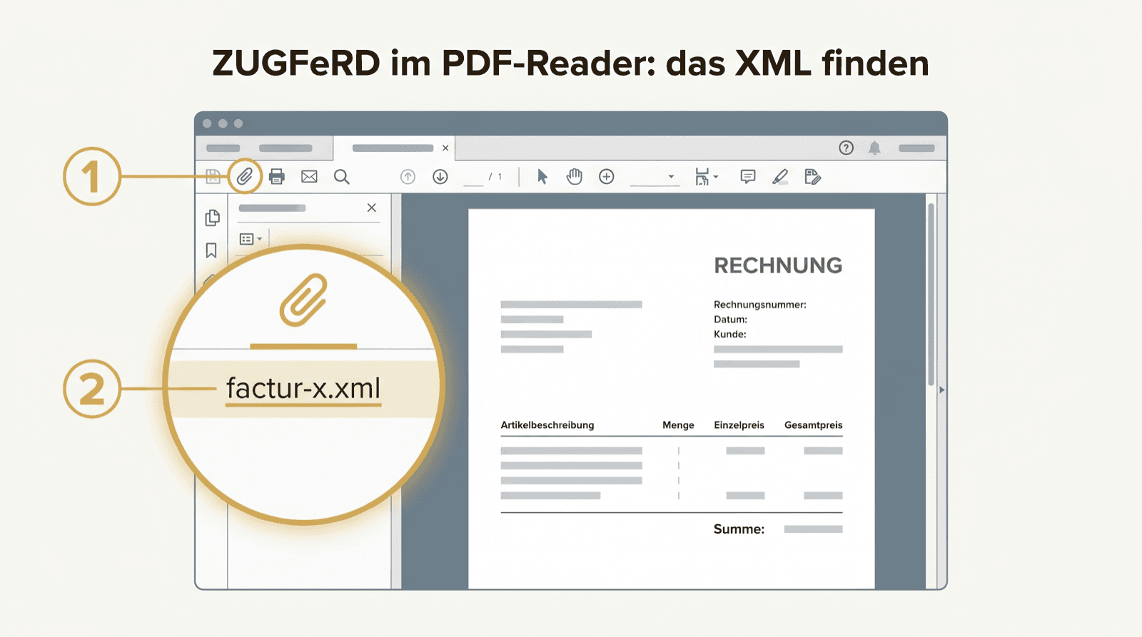 Illustration eines PDF-Readers mit hervorgehobener Anhangsleiste und der Datei factur-x.xml, nummerierte Schritte.