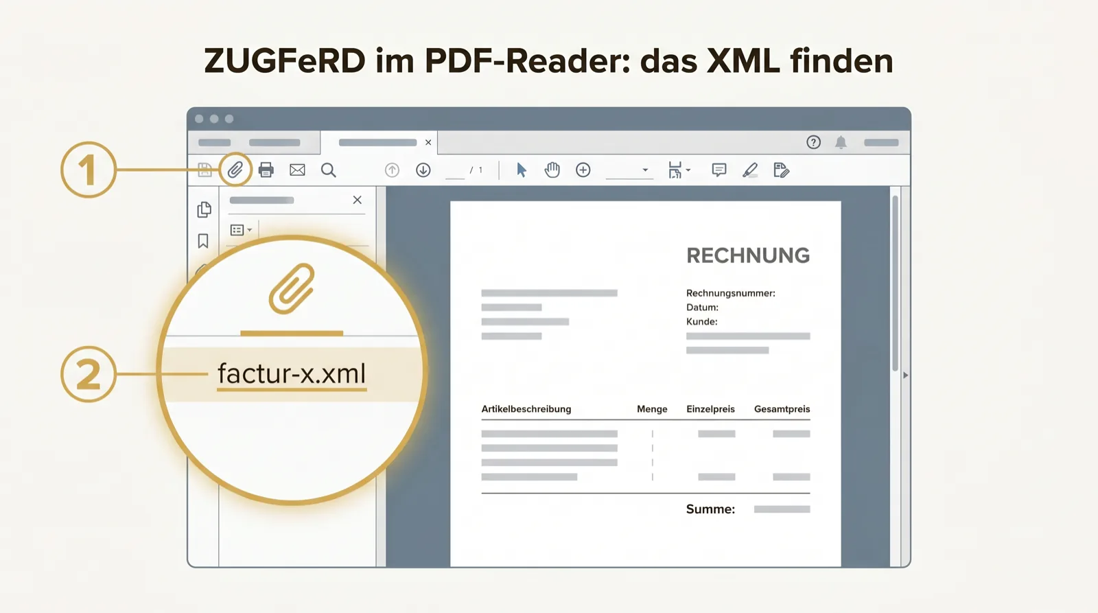 Illustration eines PDF-Readers mit hervorgehobener Anhangsleiste und der Datei factur-x.xml, nummerierte Schritte.
