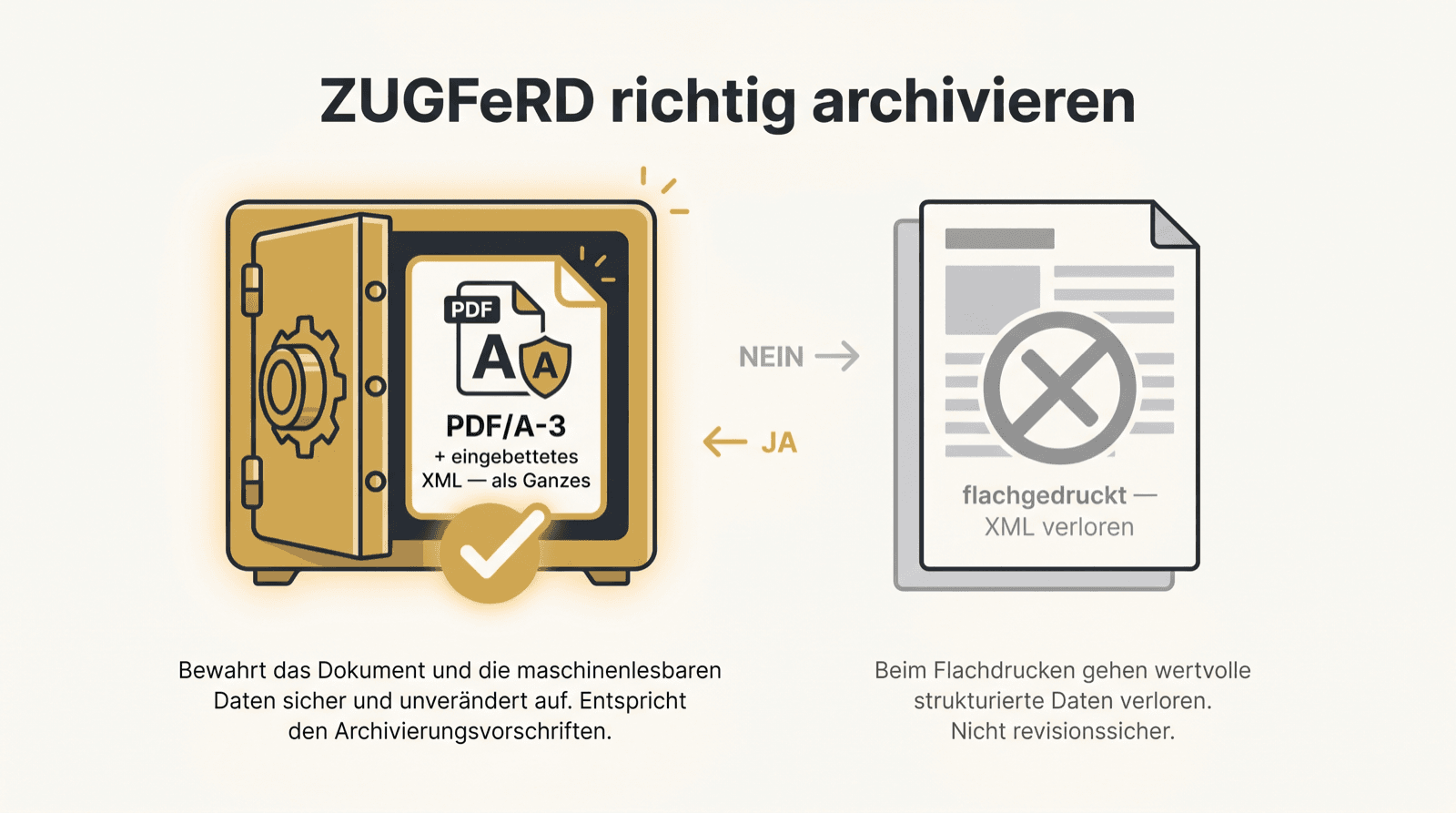 Vergleich: Links ein Tresor mit dem vollständigen PDF/A-3 inklusive XML, rechts ein flachgedrucktes PDF ohne XML als Fehler.