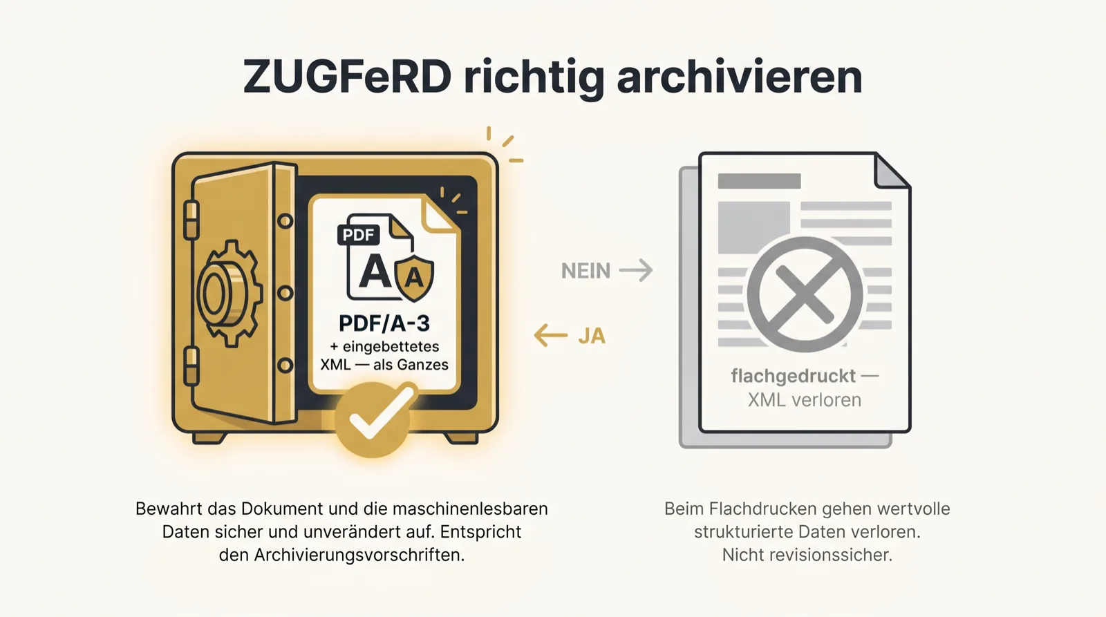 Vergleich: Links ein Tresor mit dem vollständigen PDF/A-3 inklusive XML, rechts ein flachgedrucktes PDF ohne XML als Fehler.